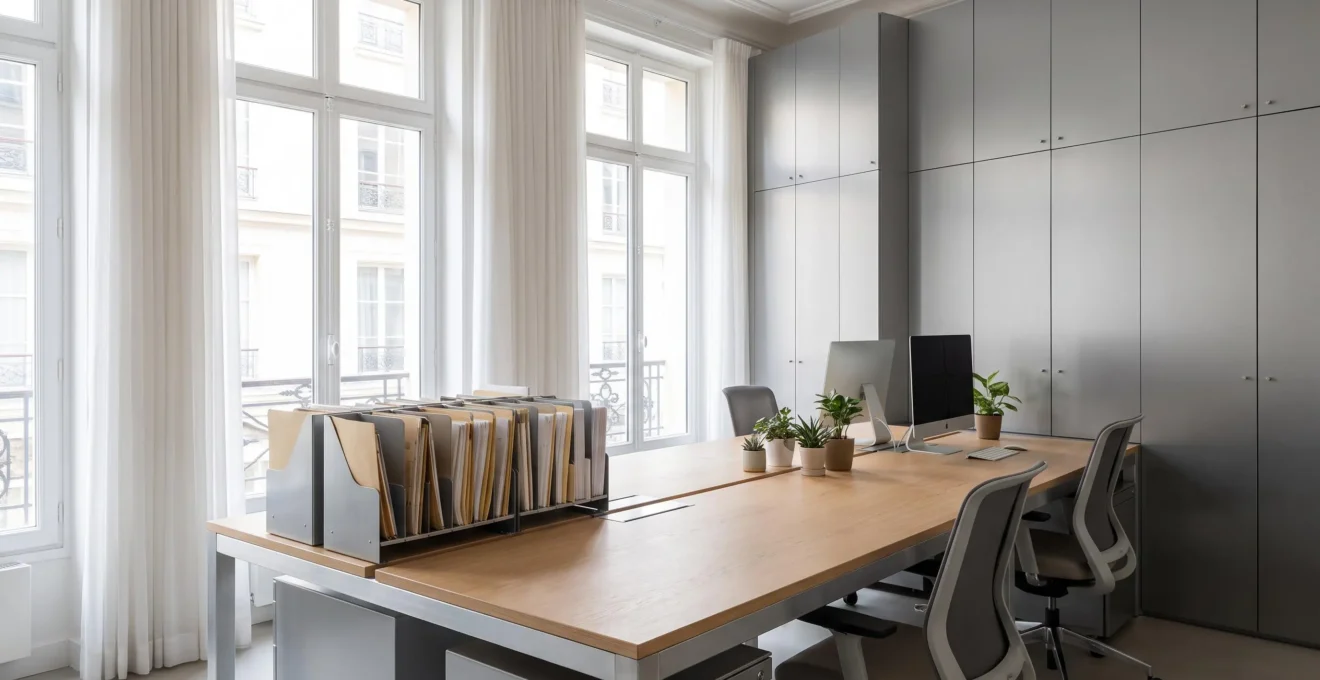 Bureau professionnel moderne avec armoires métalliques de rangement vertical, espace de travail épuré et organisé