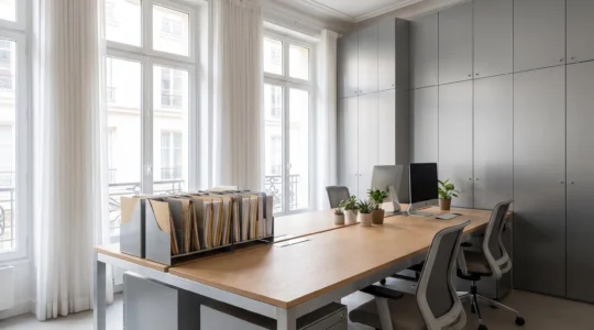 Bureau professionnel moderne avec armoires métalliques de rangement vertical, espace de travail épuré et organisé
