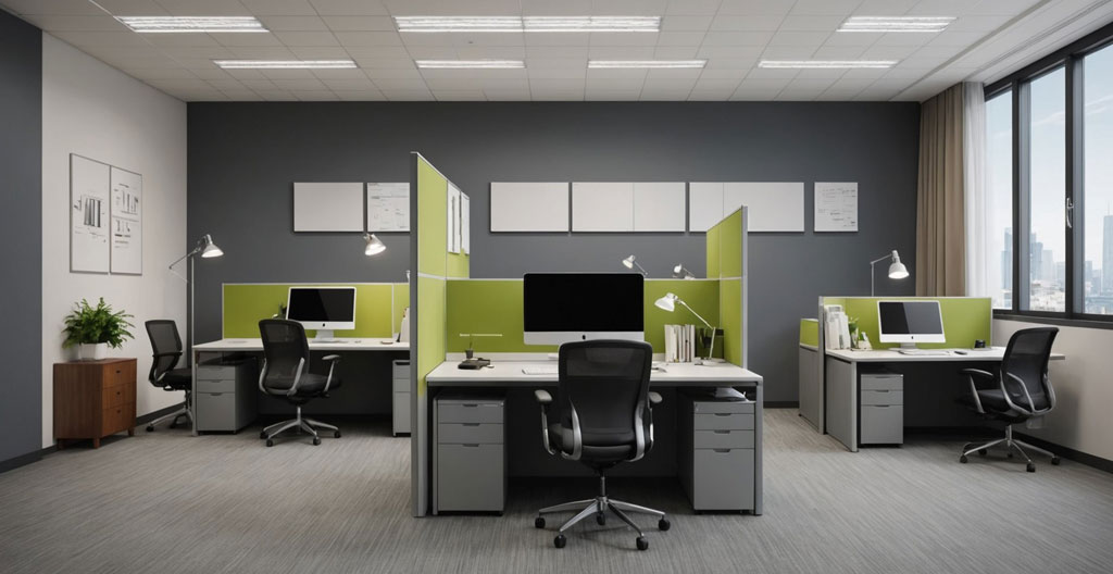 Bureau professionnel en cours de réorganisation avec zones d'usage délimitées et documents triés par catégories
