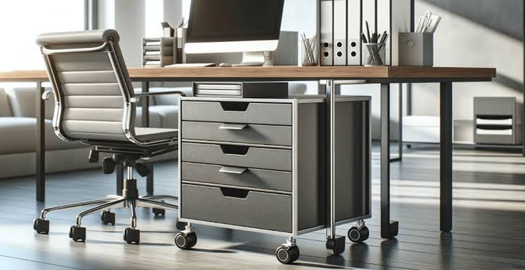 Technicien assemblant une armoire métallique de bureau dans un environnement professionnel moderne